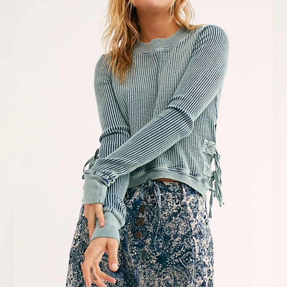 Free People FP One Interlaken Side Tie Waffle Knit Cropped Long Sleeve Top XL